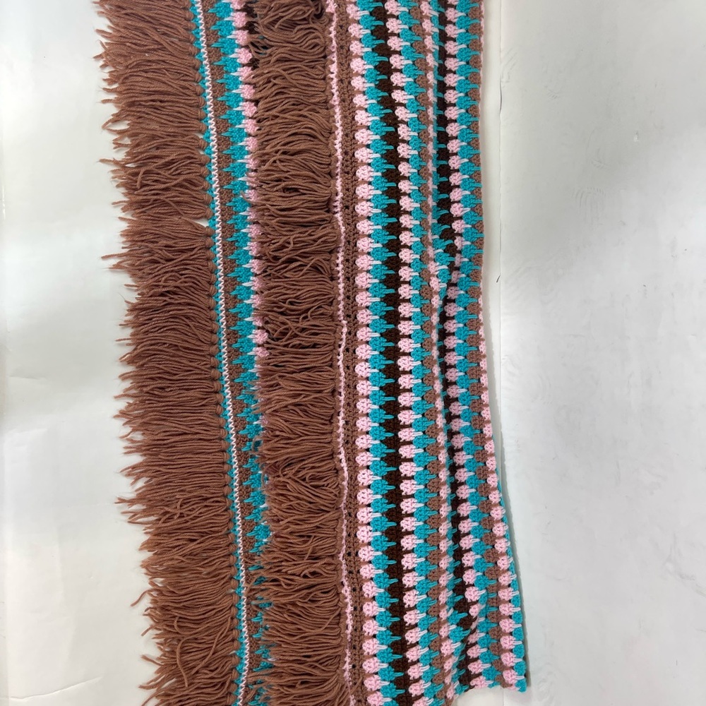 Vtg Afghan Handmade Crochet Woven Blanket Throw Pink Blue Brown Fringe 60" x 52"